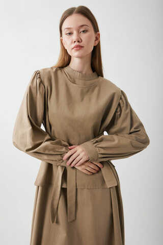 Yeleği Bağlamalı Elbise Takım Camel - 10