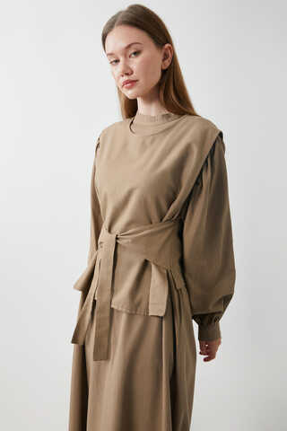 Yeleği Bağlamalı Elbise Takım Camel - 5