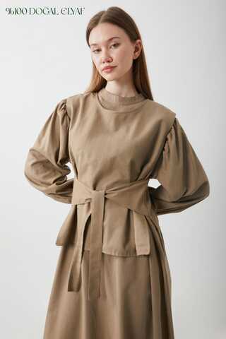 Yeleği Bağlamalı Elbise Takım Camel - 1