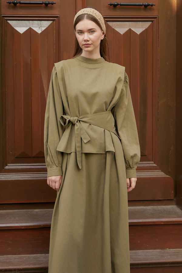 Yeleği Bağlamalı Elbise Takım Haki - 2