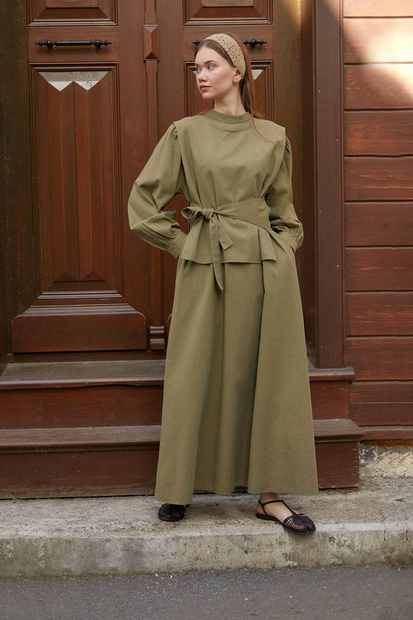 Yeleği Bağlamalı Elbise Takım Haki - 7