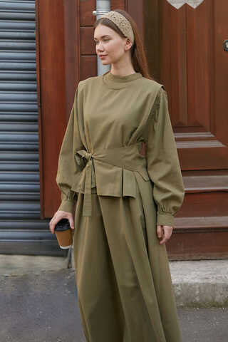 Yeleği Bağlamalı Elbise Takım Haki - 8