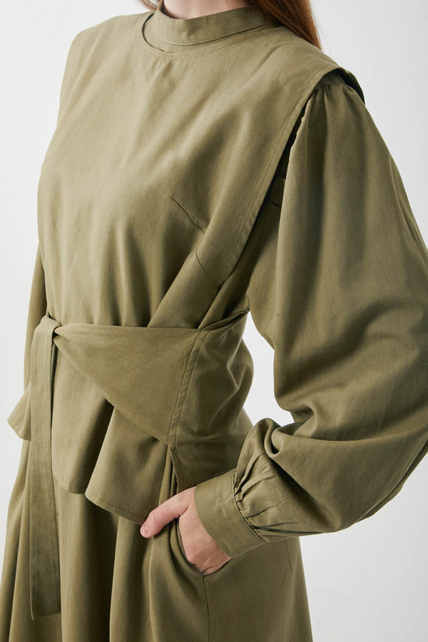 Yeleği Bağlamalı Elbise Takım Haki - 14