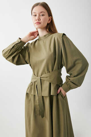 Yeleği Bağlamalı Elbise Takım Haki - 19