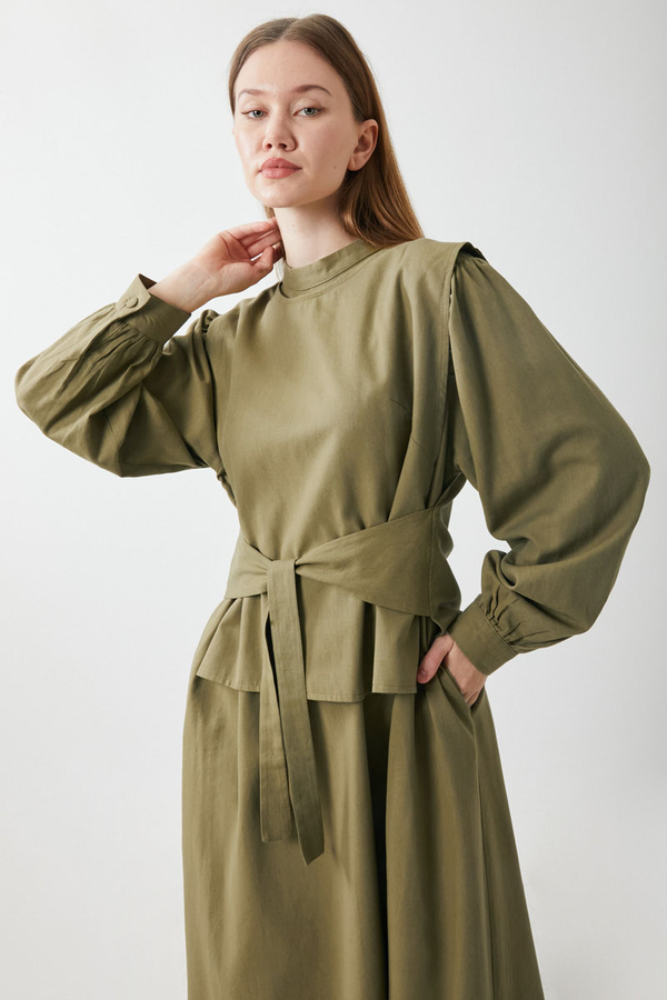 Yeleği Bağlamalı Elbise Takım Haki - 19