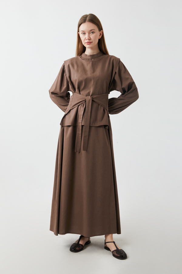 Yeleği Bağlamalı Elbise Takım Kahverengi - 4