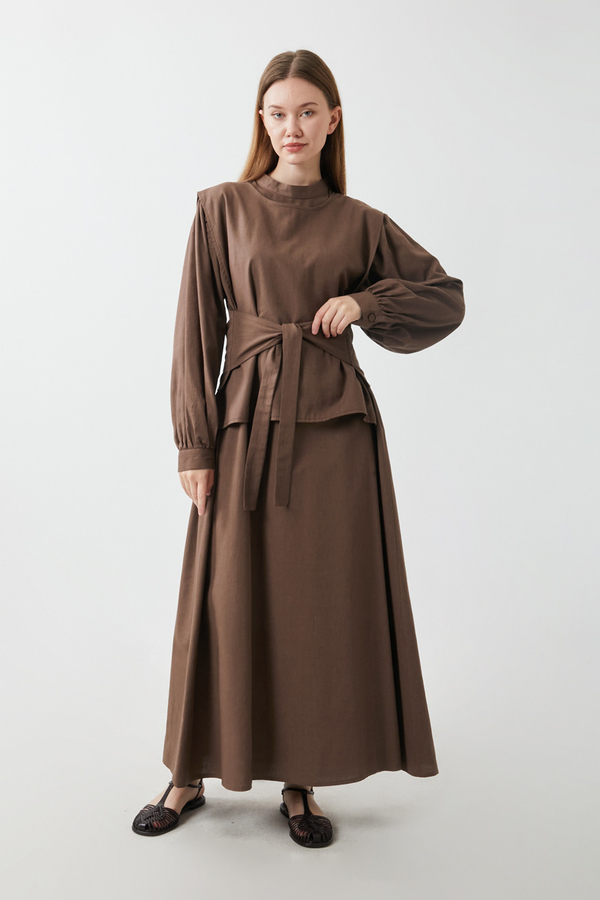 Yeleği Bağlamalı Elbise Takım Kahverengi - 12