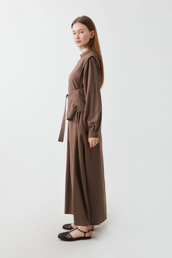 Yeleği Bağlamalı Elbise Takım Kahverengi - 13