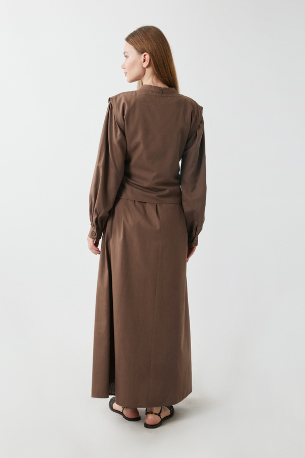 Yeleği Bağlamalı Elbise Takım Kahverengi - 14