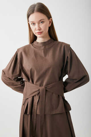 Yeleği Bağlamalı Elbise Takım Kahverengi - 2