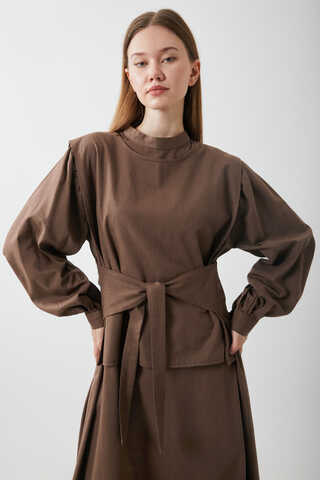 Yeleği Bağlamalı Elbise Takım Kahverengi - 11