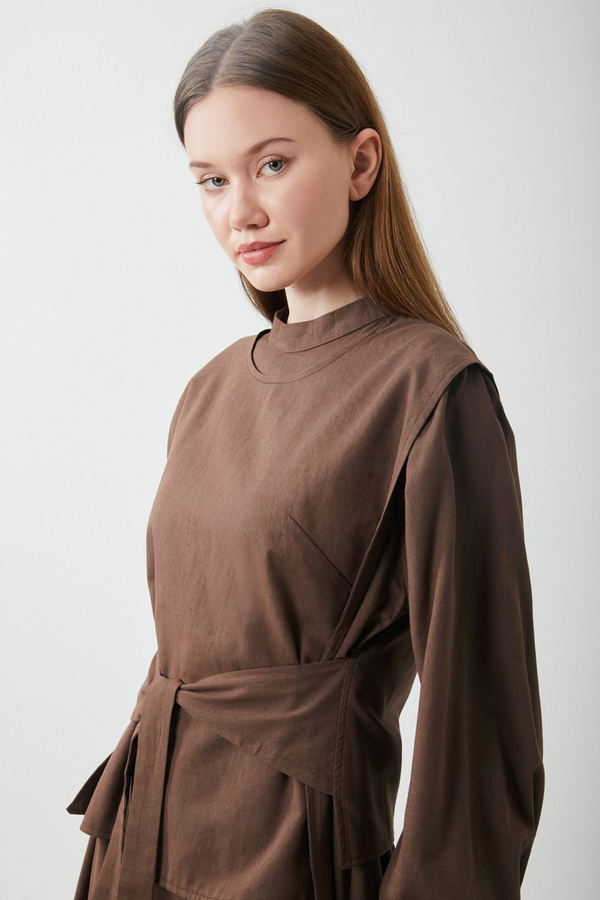 Yeleği Bağlamalı Elbise Takım Kahverengi - 7