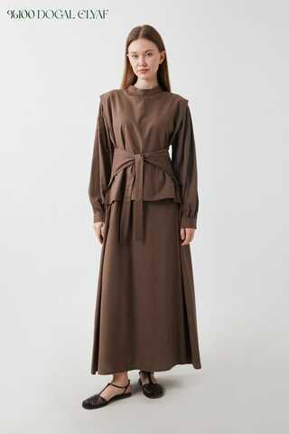 Yeleği Bağlamalı Elbise Takım Kahverengi - 1