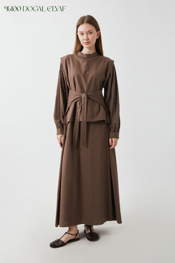Yeleği Bağlamalı Elbise Takım Kahverengi 