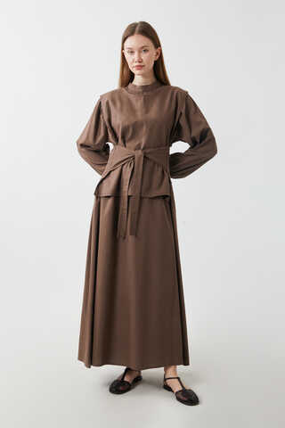 Yeleği Bağlamalı Elbise Takım Kahverengi - 4