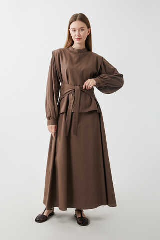 Yeleği Bağlamalı Elbise Takım Kahverengi - 12