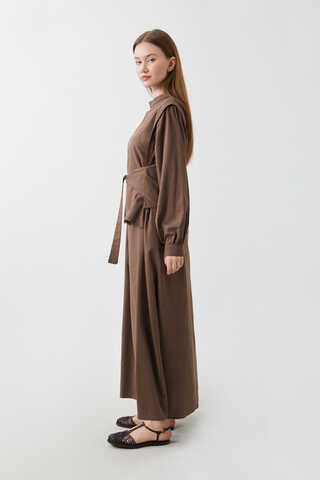 Yeleği Bağlamalı Elbise Takım Kahverengi - 13