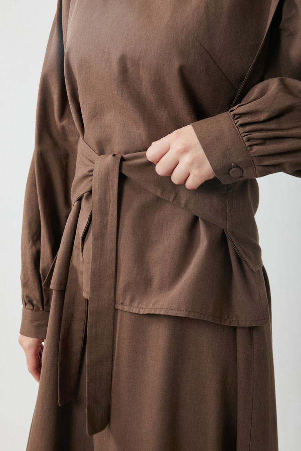 Yeleği Bağlamalı Elbise Takım Kahverengi - 3