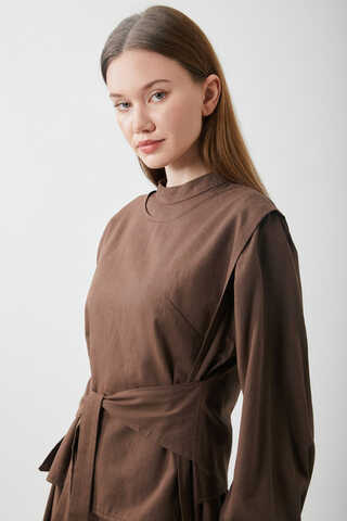 Yeleği Bağlamalı Elbise Takım Kahverengi - 7