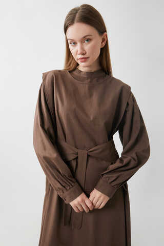 Yeleği Bağlamalı Elbise Takım Kahverengi - 8