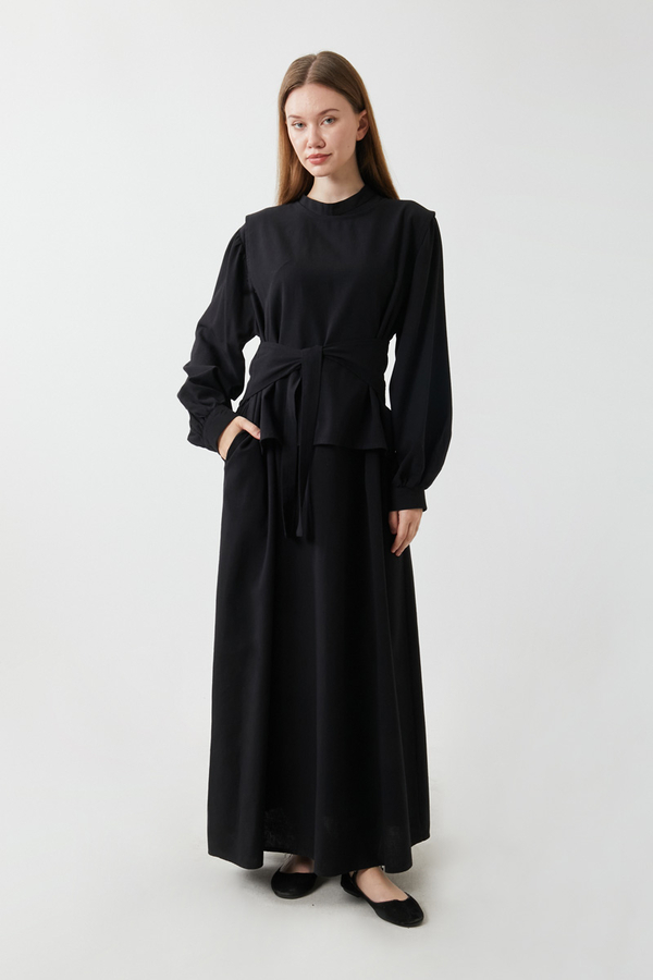 Yeleği Bağlamalı Elbise Takım Siyah - 5