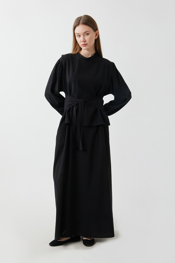 Yeleği Bağlamalı Elbise Takım Siyah - 8