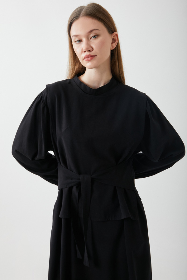 Yeleği Bağlamalı Elbise Takım Siyah - 6