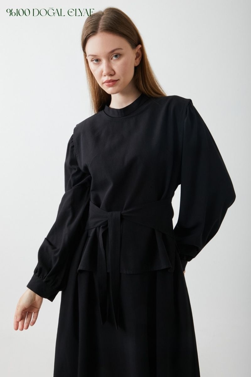 Yeleği Bağlamalı Elbise Takım Siyah