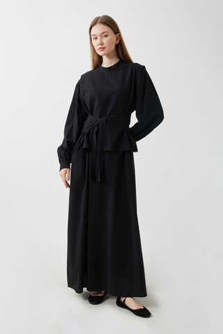 Yeleği Bağlamalı Elbise Takım Siyah - 7