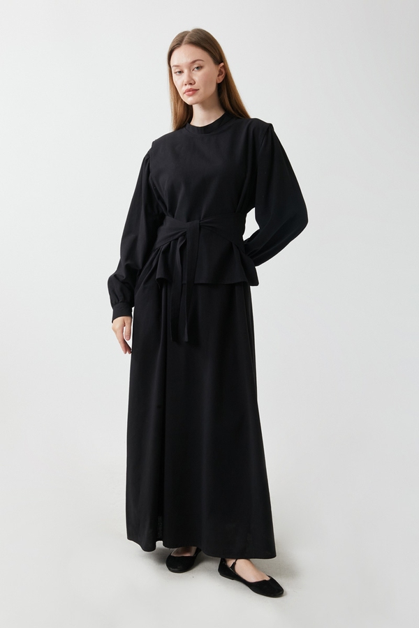 Yeleği Bağlamalı Elbise Takım Siyah - 7