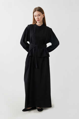 Yeleği Bağlamalı Elbise Takım Siyah - 8