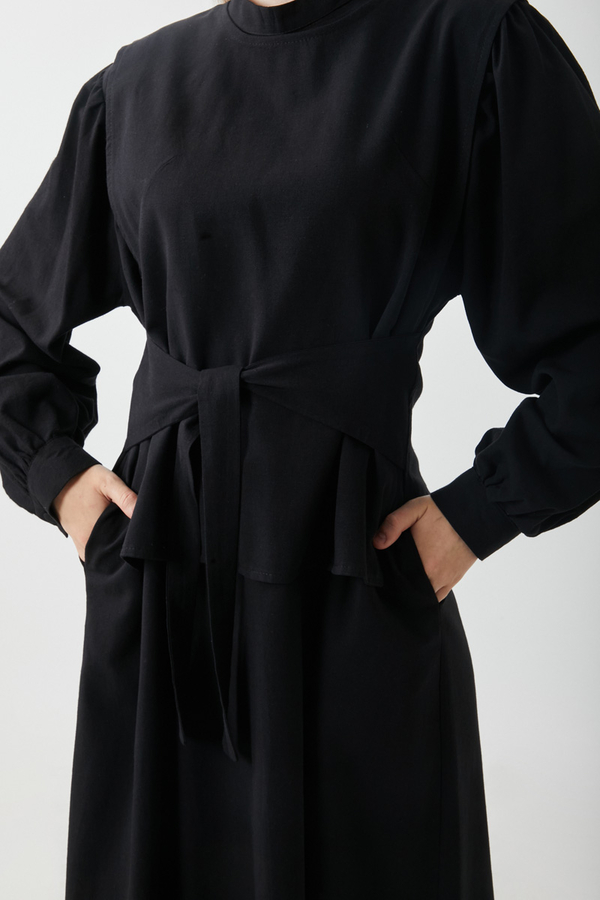 Yeleği Bağlamalı Elbise Takım Siyah - 3