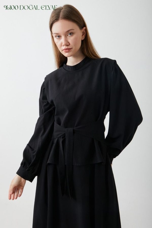 Yeleği Bağlamalı Elbise Takım Siyah 