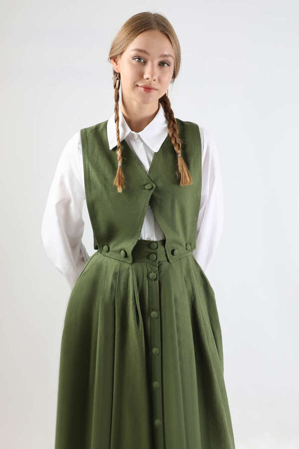 Yelek Detaylı Etek Takım Haki - 4