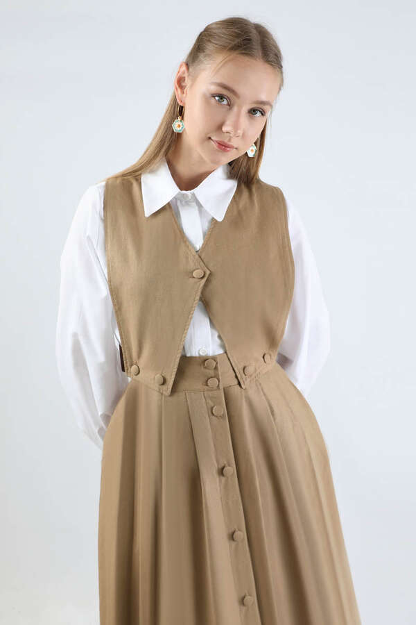 Yelek Detaylı Etek Takım Taba - 5