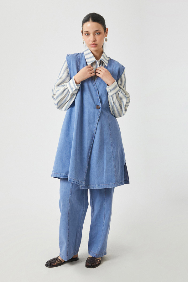 Yelekli Denim Takım Açık Mavi - 5
