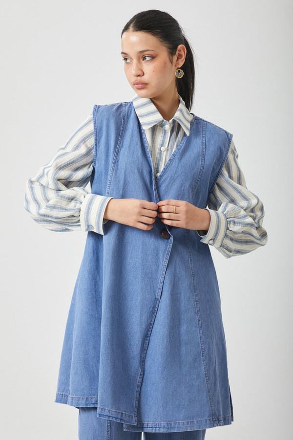 Yelekli Denim Takım Açık Mavi - 6