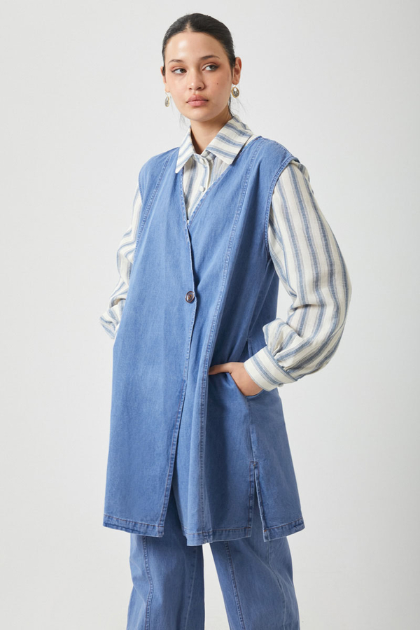 Yelekli Denim Takım Açık Mavi - 7