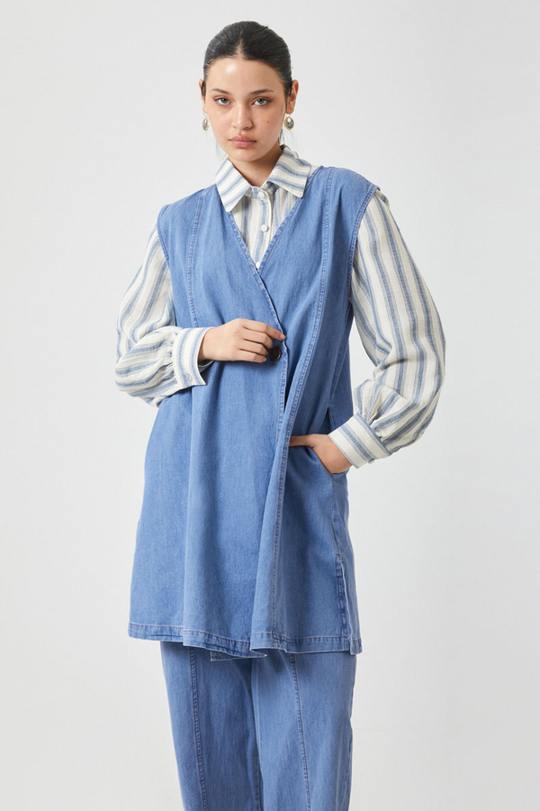 Yelekli Denim Takım Açık Mavi - 9