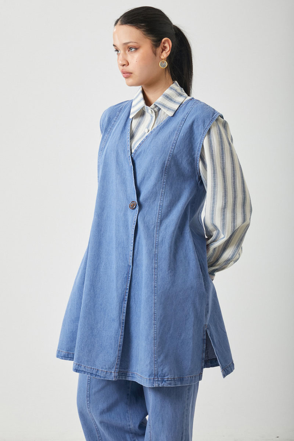 Yelekli Denim Takım Açık Mavi - 12