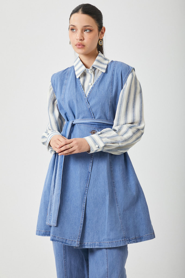 Yelekli Denim Takım Açık Mavi - 3