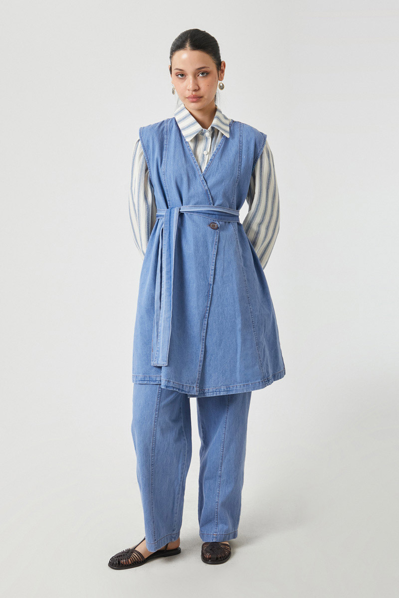 Yelekli Denim Takım Açık Mavi