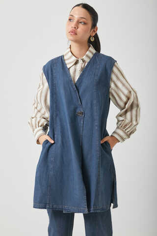 Yelekli Denim Takım Koyu Mavi - 5