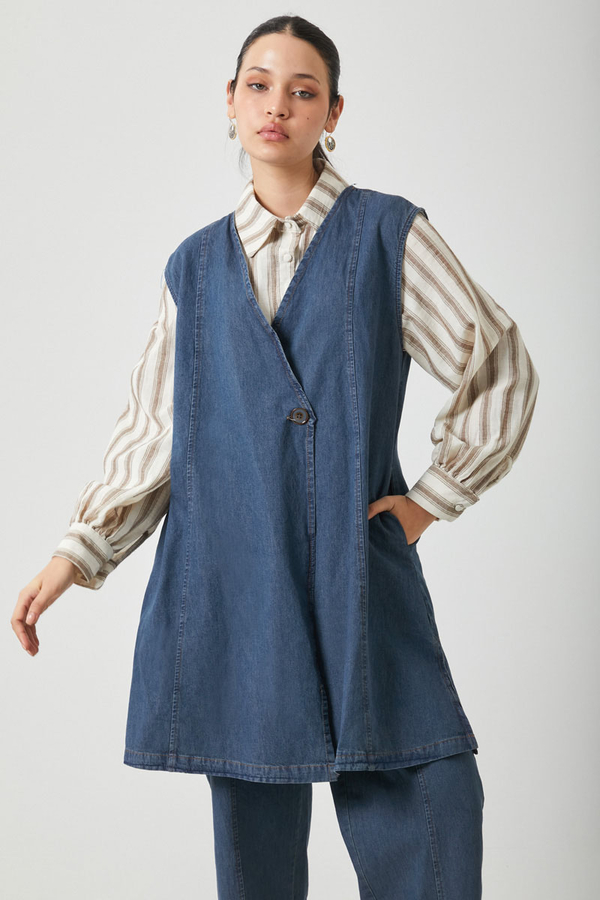 Yelekli Denim Takım Koyu Mavi - 6