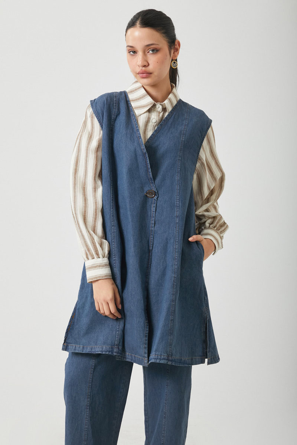 Yelekli Denim Takım Koyu Mavi - 7