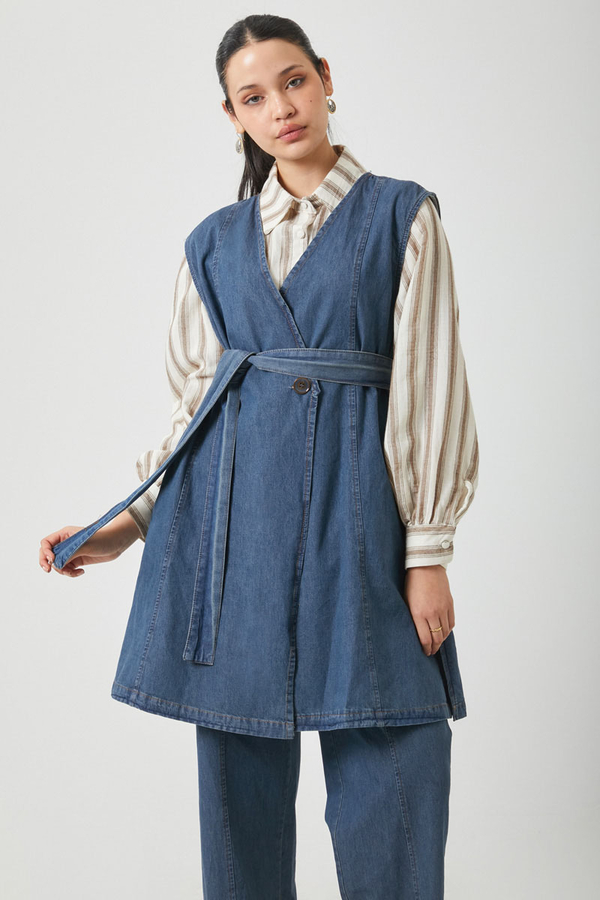 Yelekli Denim Takım Koyu Mavi - 1