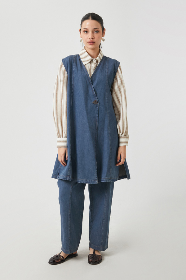 Yelekli Denim Takım Koyu Mavi - 4