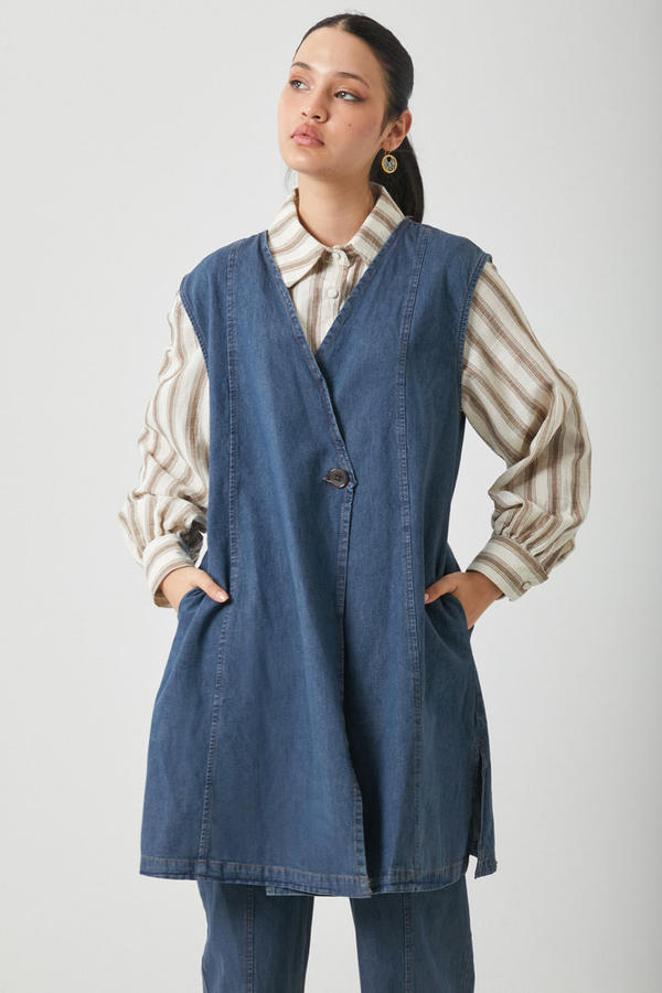 Yelekli Denim Takım Koyu Mavi - 5