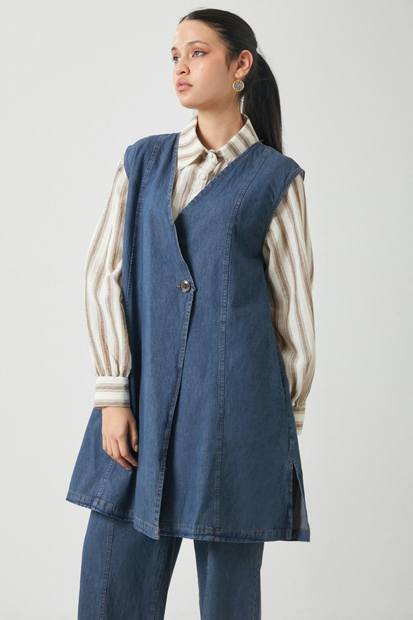 Yelekli Denim Takım Koyu Mavi - 9