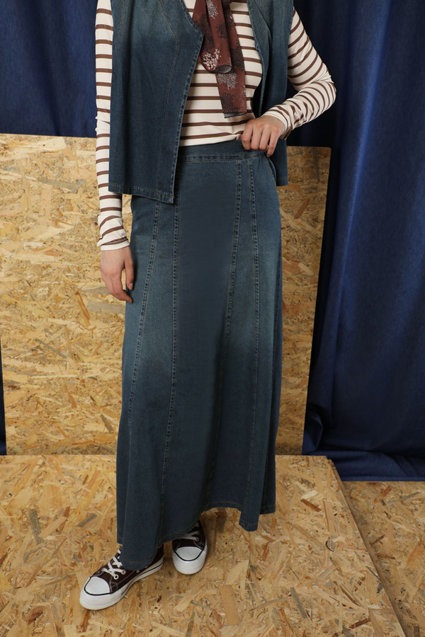 Denim Yelekli Etek Takım Koyu Mavi - 1